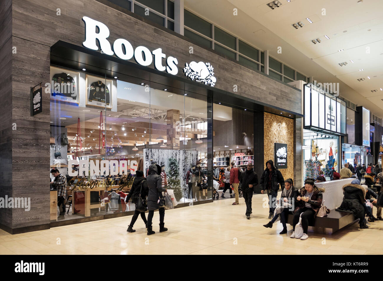 Roots Canada storefront, Canadian brand retailer, at Yorkdale Shopping Centre, Toronto, Ontario, Canada. Stock Photo