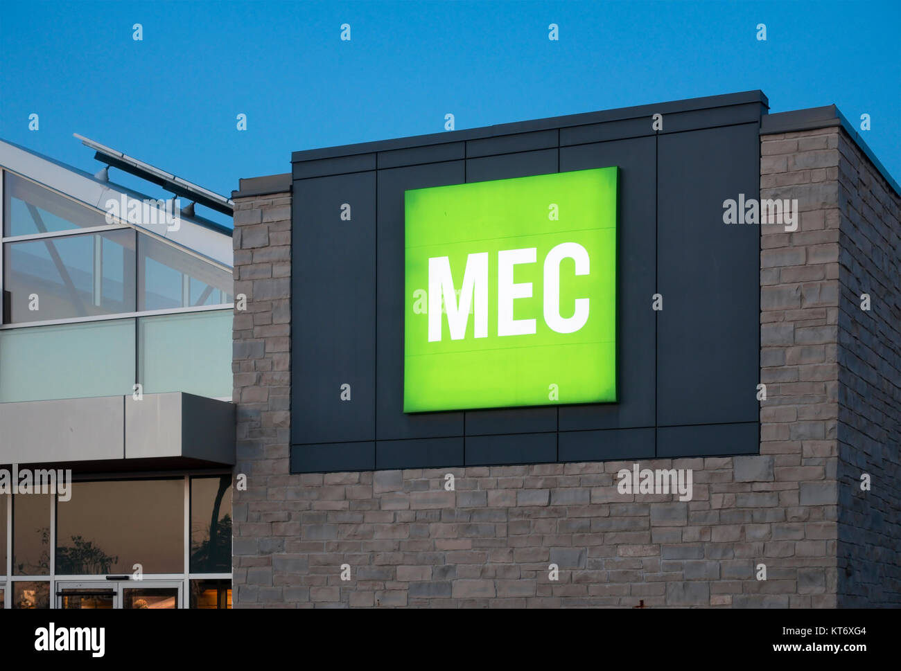 The logo of a Mountain Equipment Co-op MEC store in Barrie, Ontario, Canada. Stock Photo