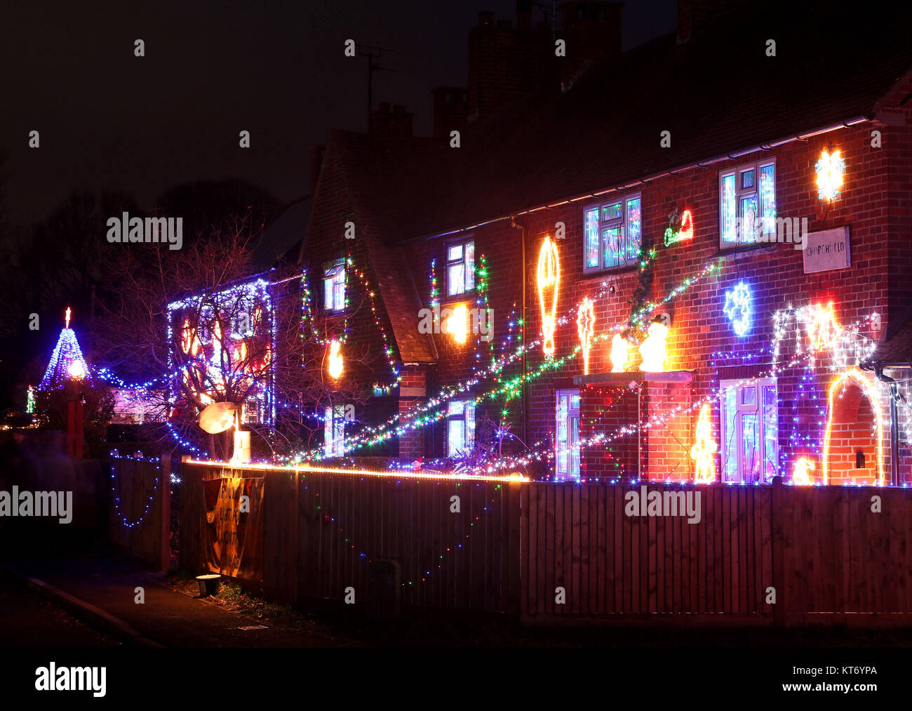 A view of a house decorated for Christmas in Westfield, East Sussex, as residents decorate around 30 of their houses every Christmas to raise money for the local St Michaels Hospice. Stock Photo