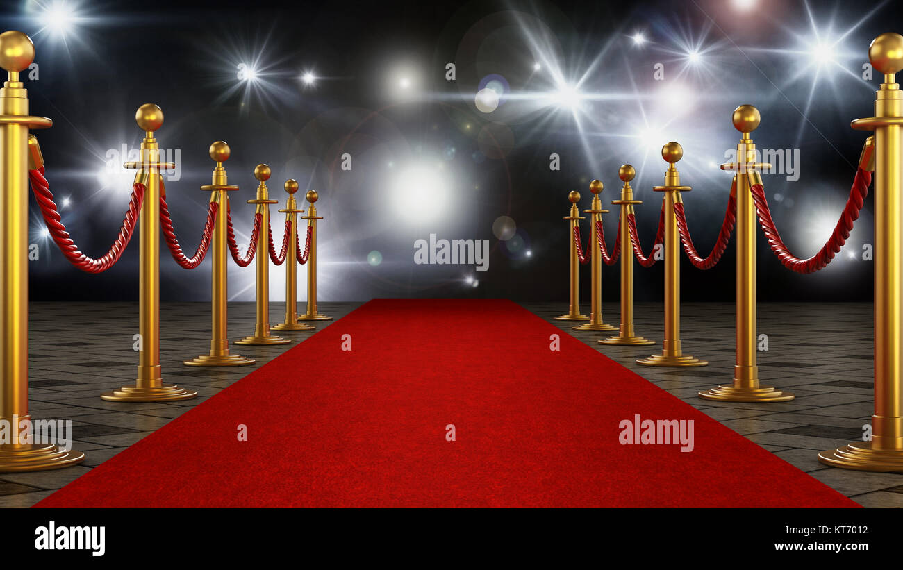 Red carpet and velvet ropes on gala night background. 3D illustration. Stock Photo