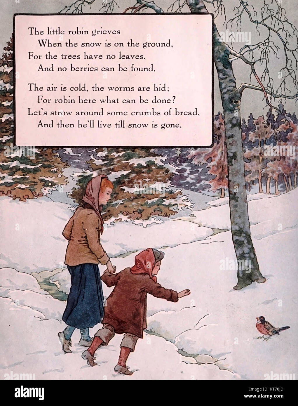 The Little Robin grieves when the snow is on the ground - Mother Goose Nursery Rhyme Stock Photo