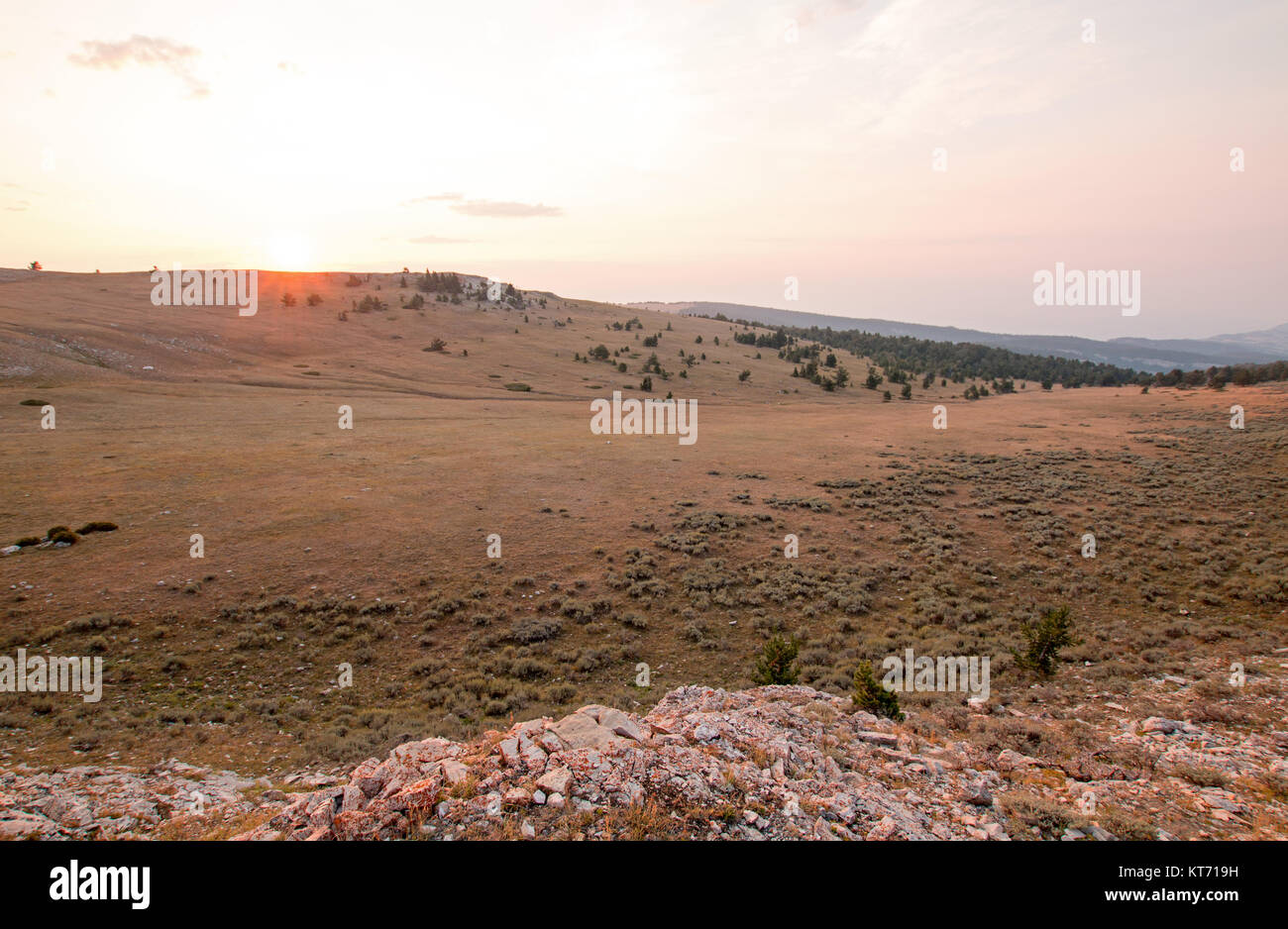 Sunrise sun beams over Teacup Canyon / Bowl on Sykes Ridge in the Pryor Mountains on the Wyoming Montana state line - United States Stock Photo