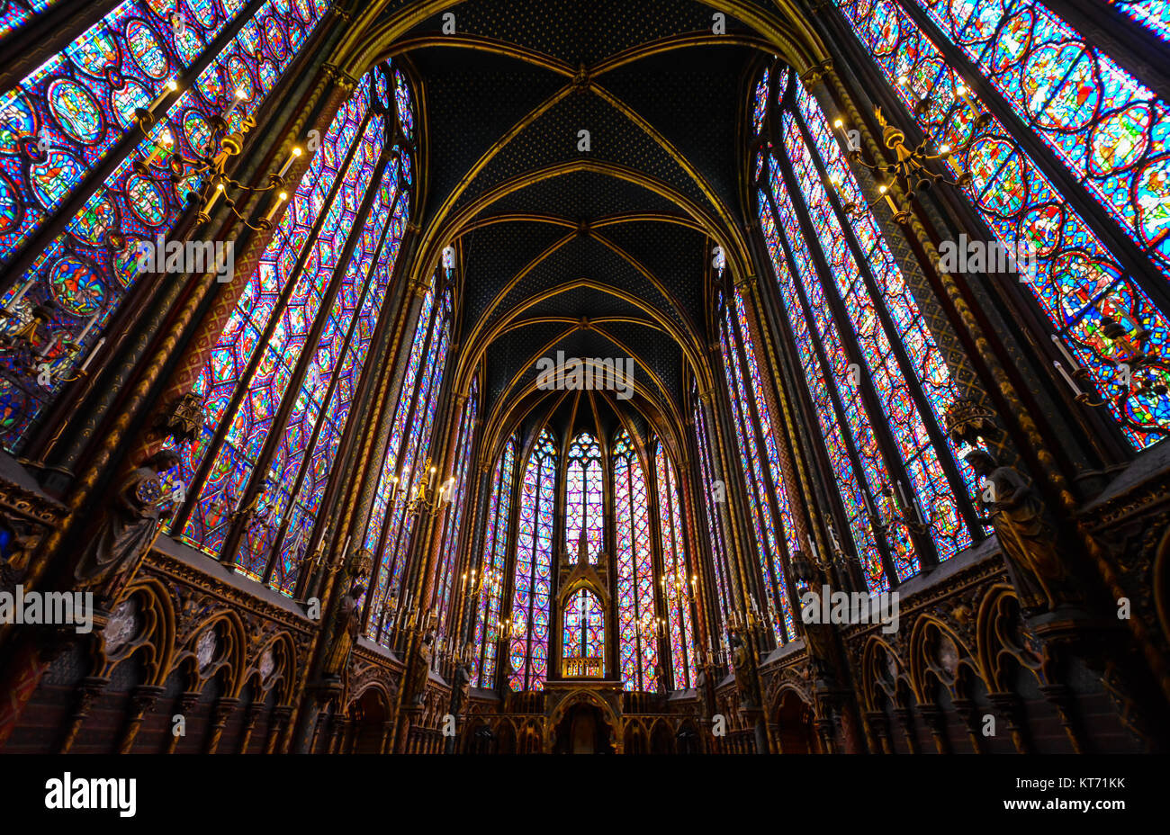 The interior upper level of SainteChapelle, the Gothic royal chapel on
