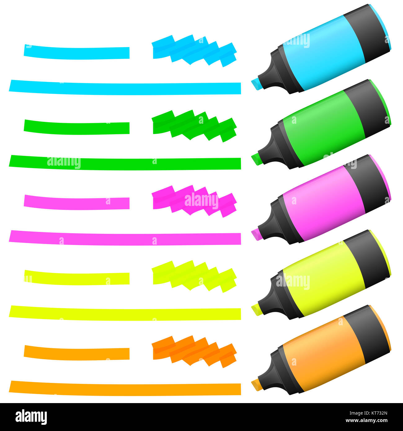 different colored high lighters with markings for advertising usage Stock Photo