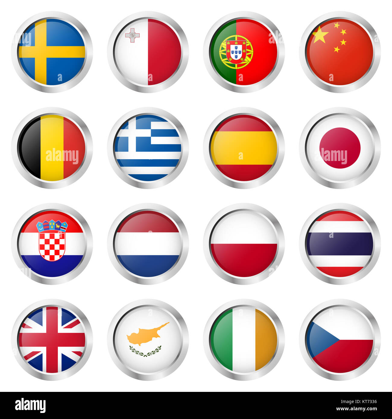 collection of round buttons with different country flags and silver frame Stock Photo