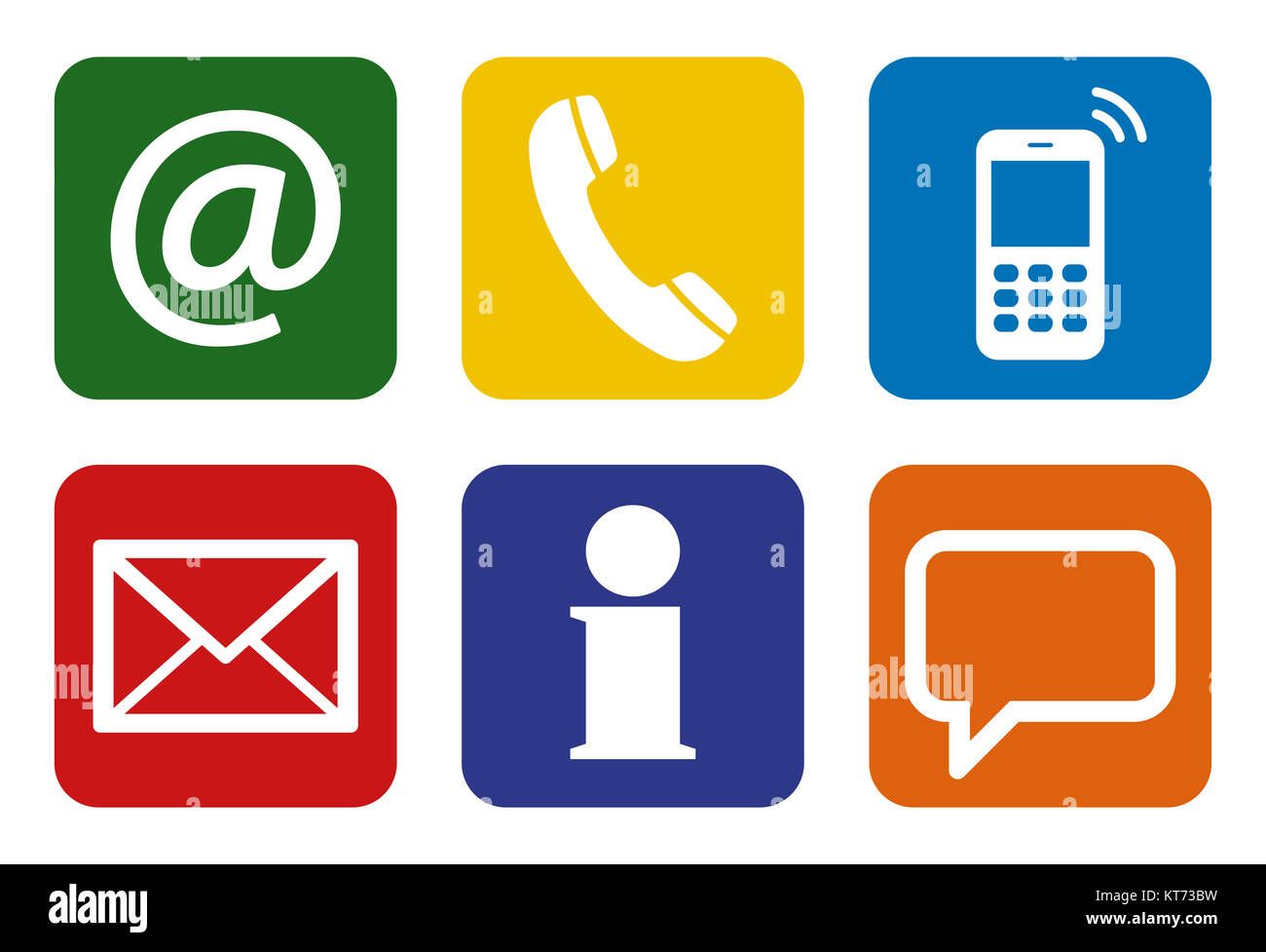Contact Us, set of six white icons in colored boxes Stock Photo