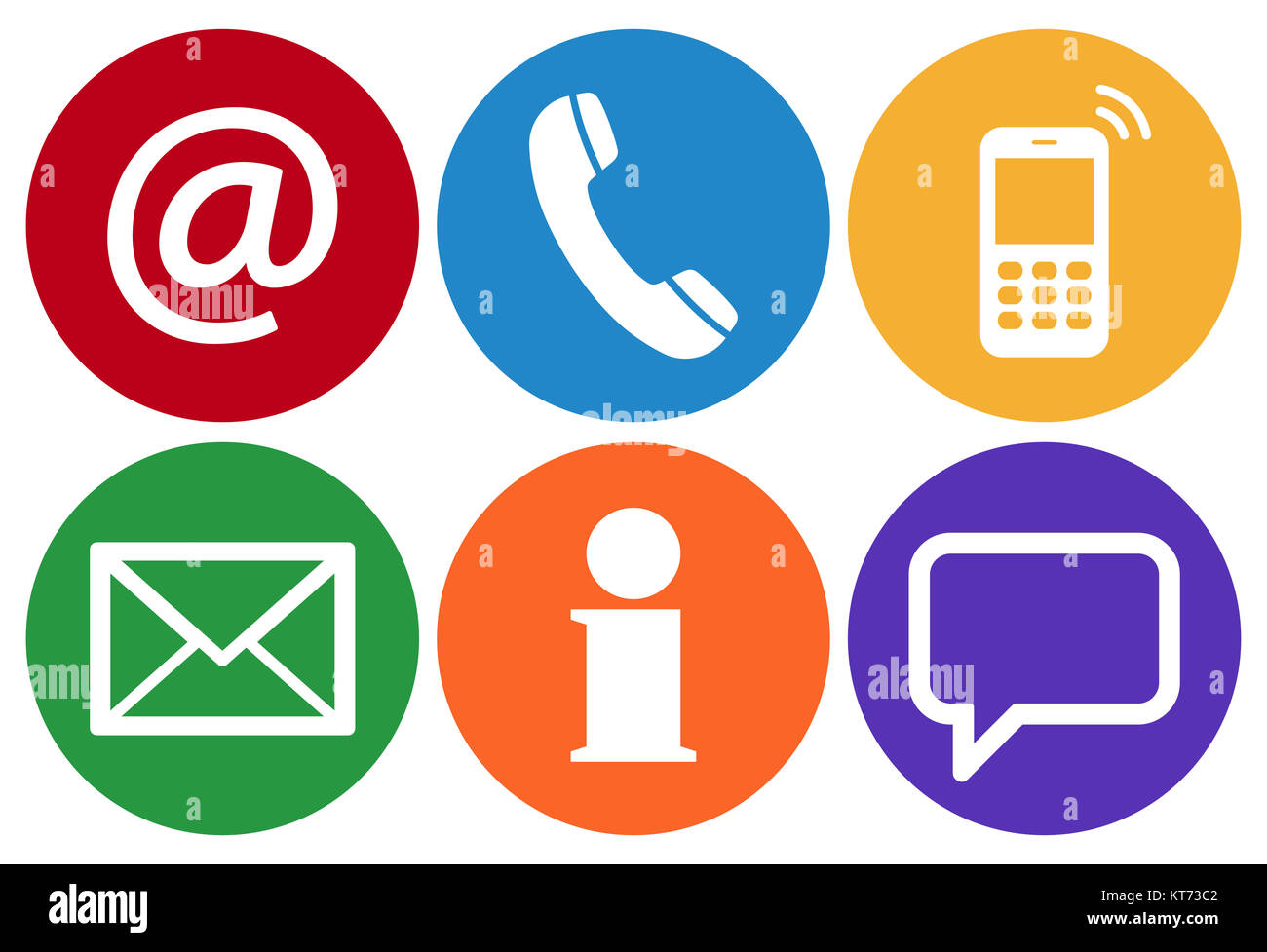 Contact Us, set of six white icons in colored circles Stock Photo