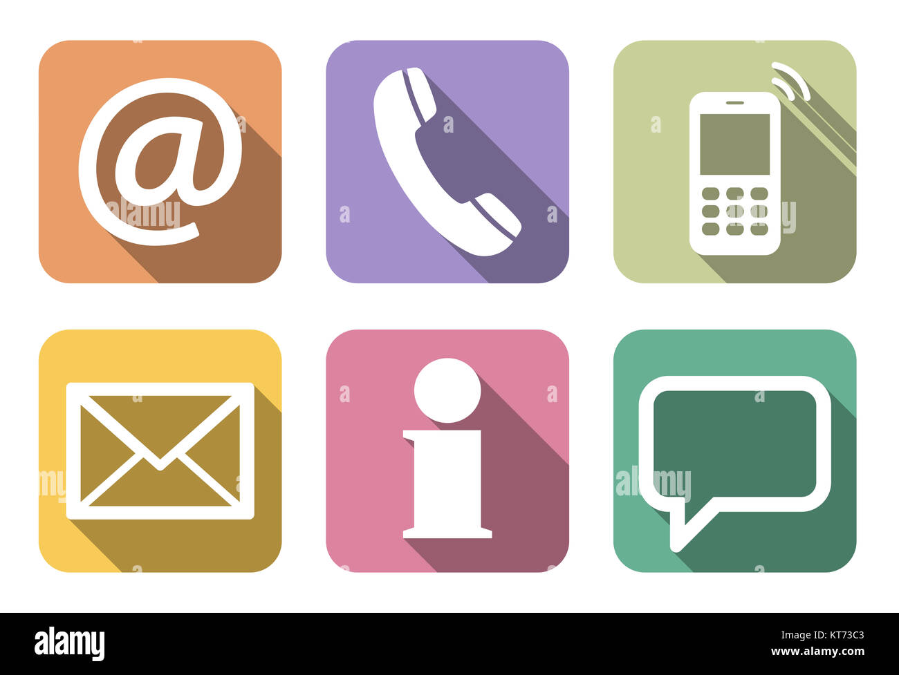 Contact Us, set of six white icons in colored boxes Stock Photo