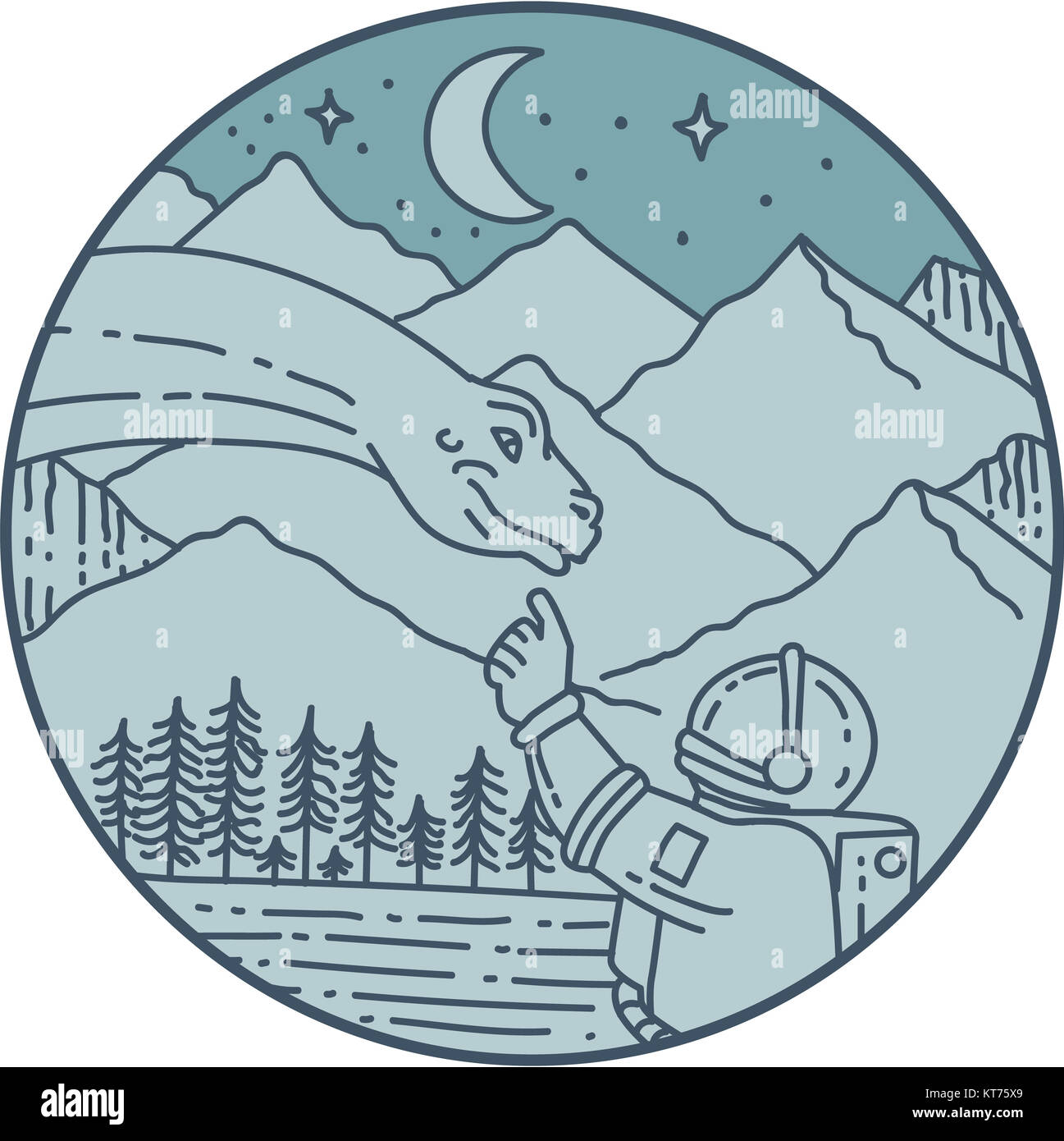 Astronaut Brontosaurus Moon Stars Mountains Circle Mono Line Stock Photo
