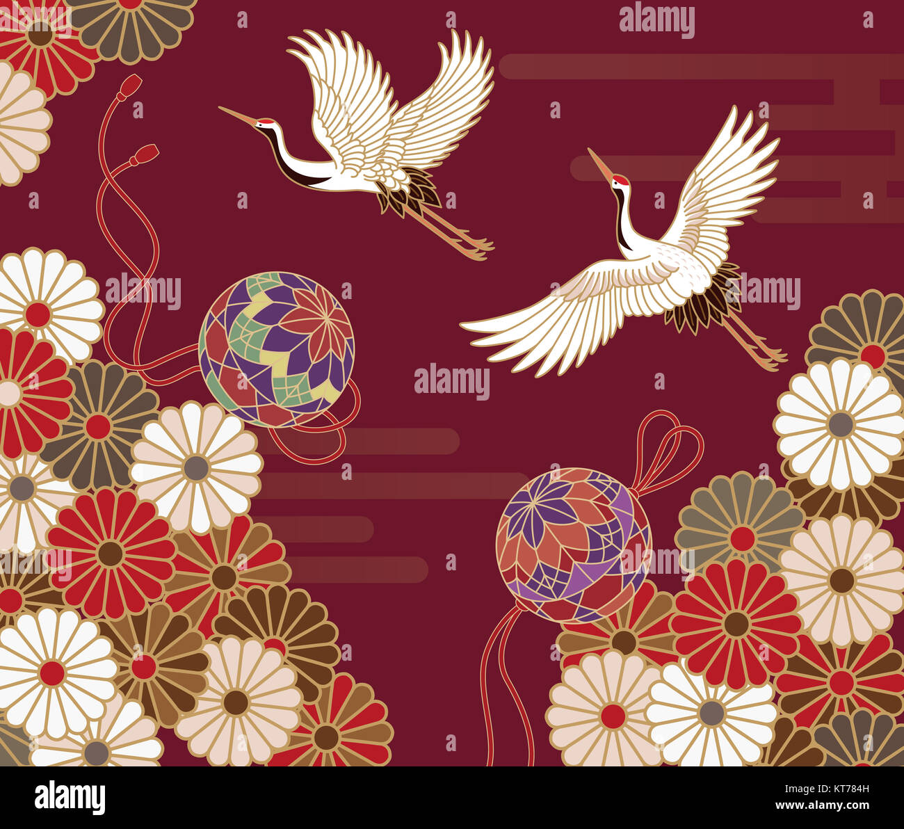 Cranes and chrysanthemums Japanese traditional pattern Stock Photo