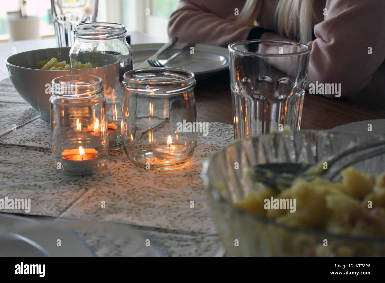 candles in jar table dinner decoration diy Stock Photo Alamy