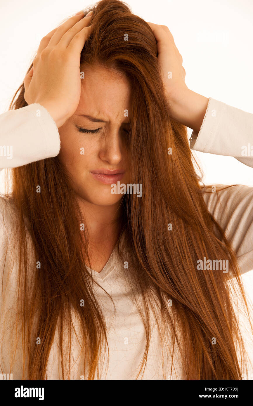 illness woman having headache and feeling unweal Stock Photo