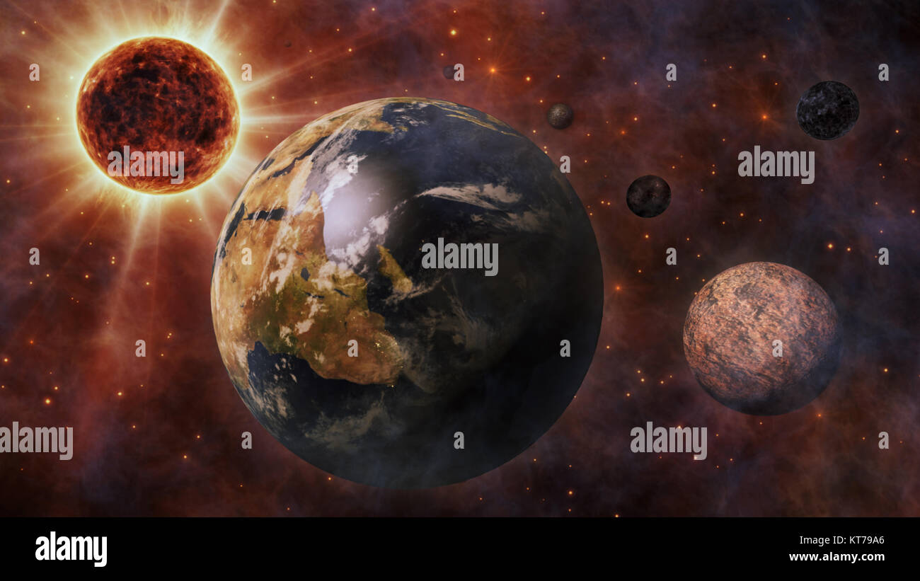 Planet Earth, The Sun, The Moon and Planets In Space Stock Photo