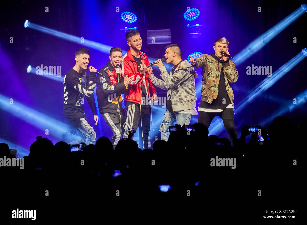 Christmas lights switch on 2017 at albert Square in Manchester city centre X Factor success story Yes Lad 5 peace boy band Stock Photo
