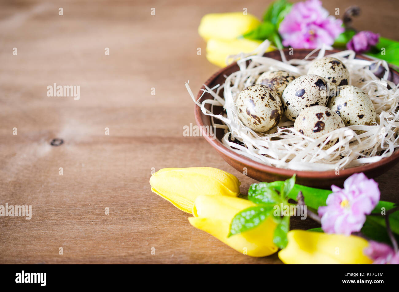 Easter Composition of eggs and spring flowers. Stock Photo