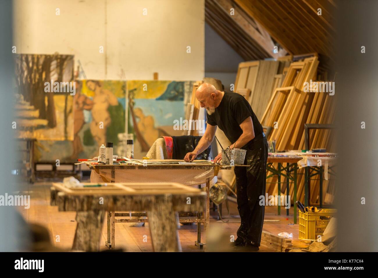 Famous German artist Markus Luepertz in his studio in Maerkisch ...