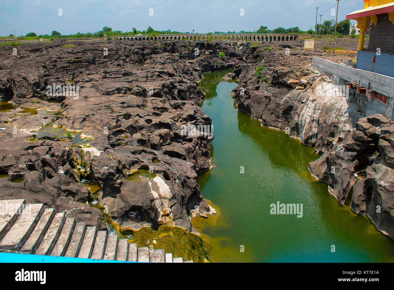 Naturally created potholes (tinajas) on the riverbed of the Kukadi River, Nighoj, Ahmednagar District, Maharashtra Stock Photo