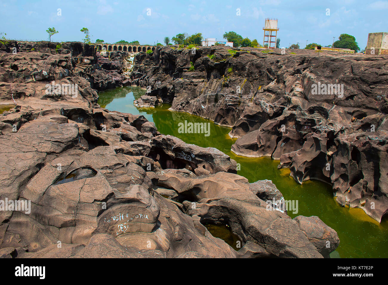 Naturally created potholes (tinajas) on the riverbed of the Kukadi River, Nighoj, Ahmednagar District, Maharashtra Stock Photo