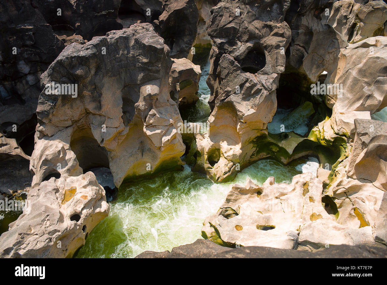 Naturally created potholes (tinajas) on the riverbed of the Kukadi River, Nighoj, Ahmednagar District, Maharashtra Stock Photo