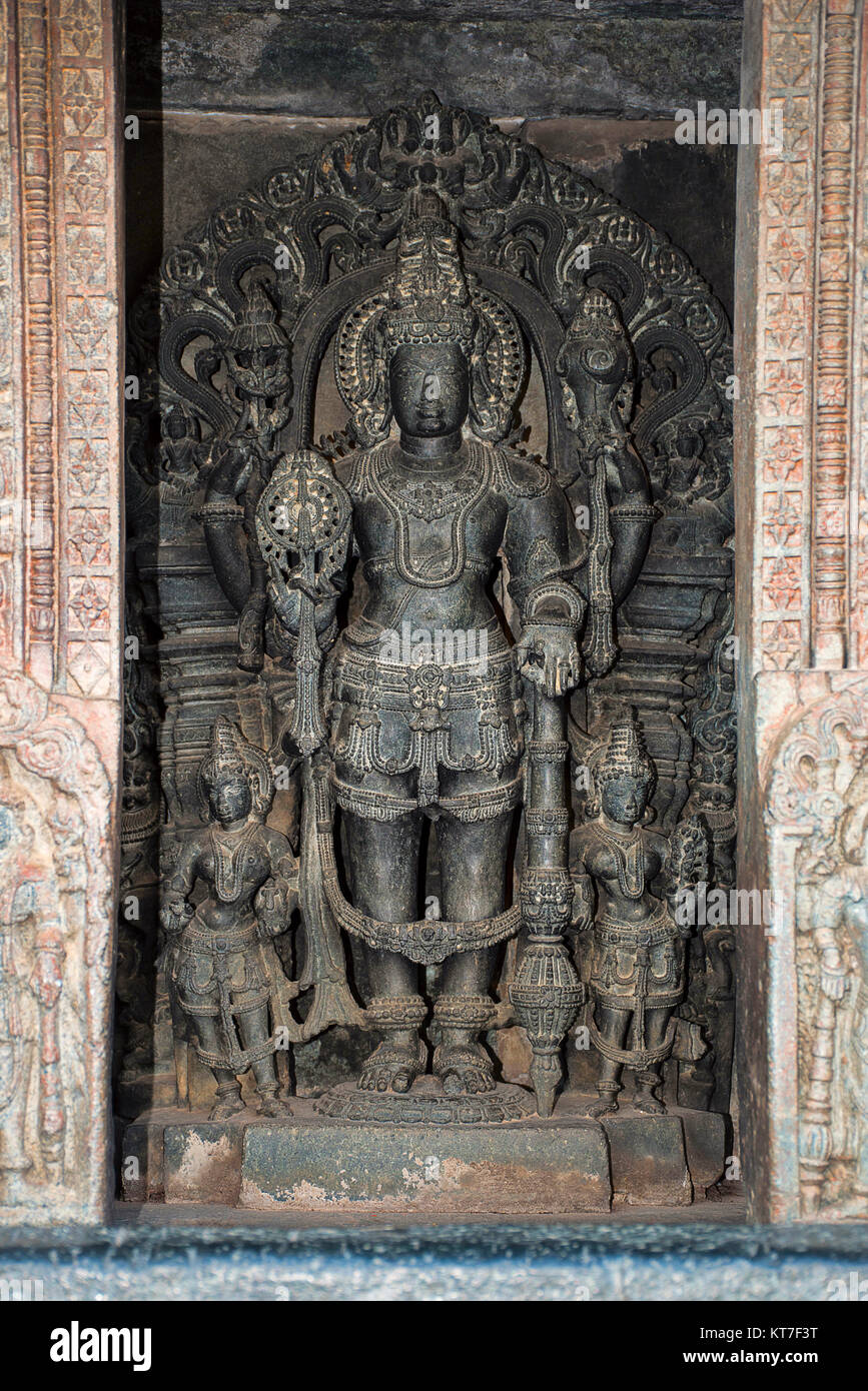 Lord Vishnu statue. Chennakeshava temple complex, Belur, Karnataka, India. Chennakeshava temple complex, Belur, Karnataka, India. Stock Photo