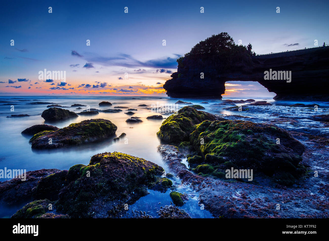 Tanah Lot Temple at sunset in Bali, Indonesia.(Dark)Seascape. Stock Photo