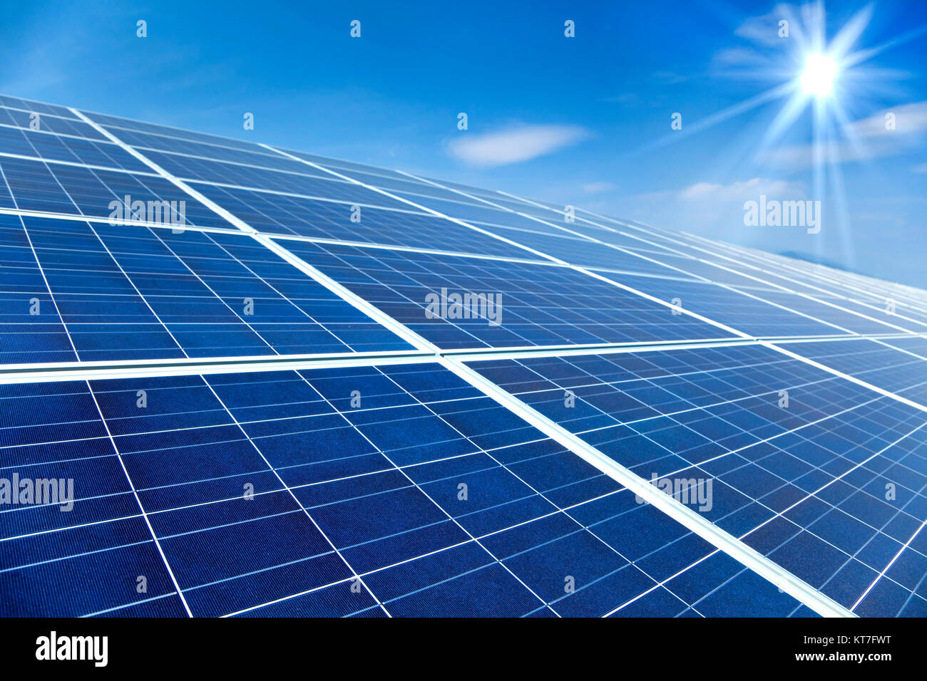 Closeup of Solar Panels with sunlight and blue sky background Stock ...