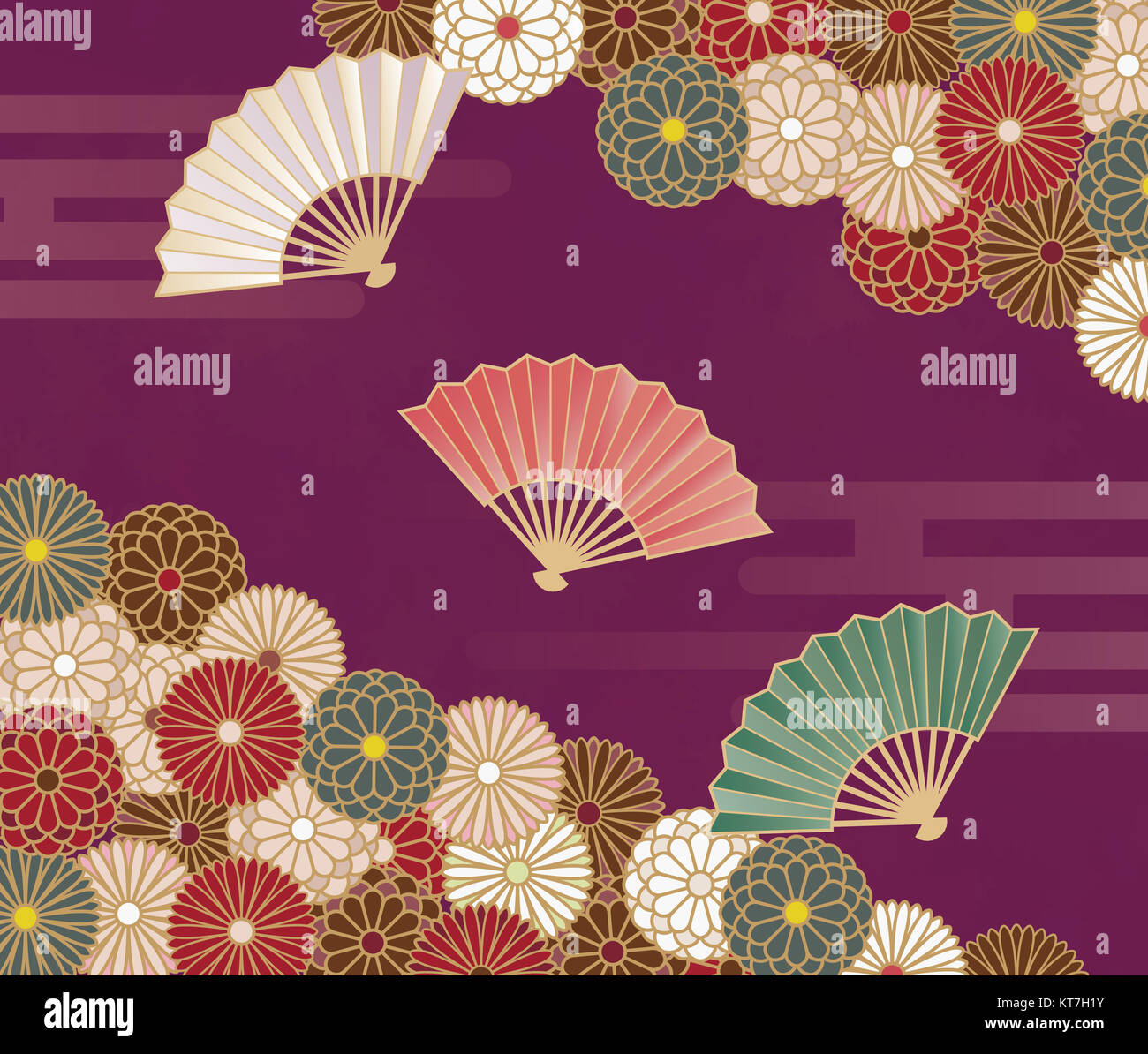 Japanese style floral pattern with chrysanthemums and hand fan Stock Photo
