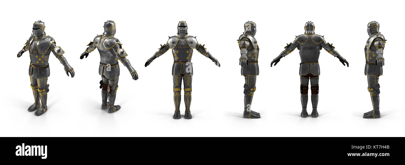 Old metal knight armour renders set from different angles on a white ...
