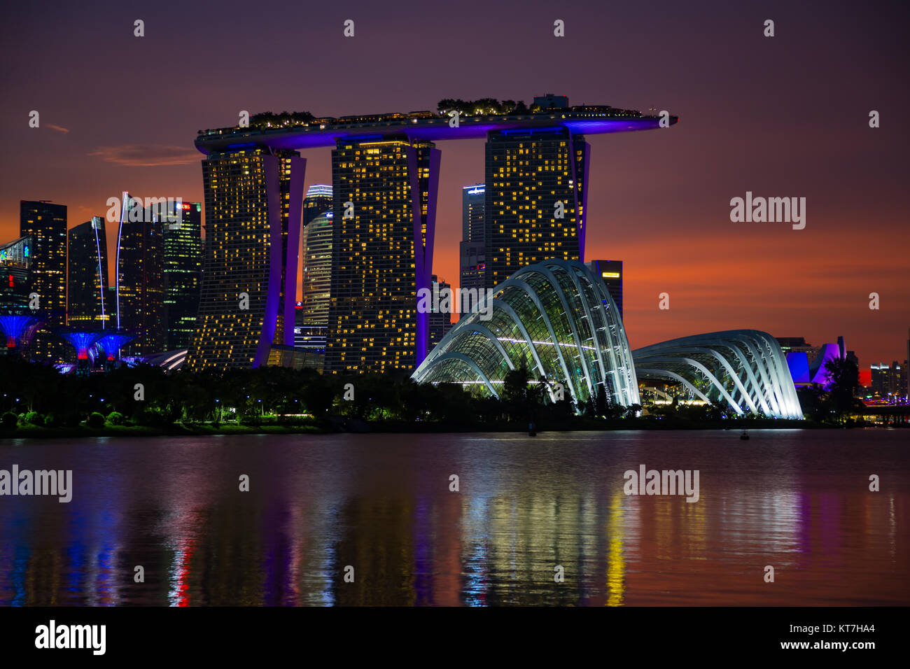 Singapore Asia October 28, 2017 Marina Bay Sands and Gardens by the bay at sunset, seen from Marina Bay East Stock Photo