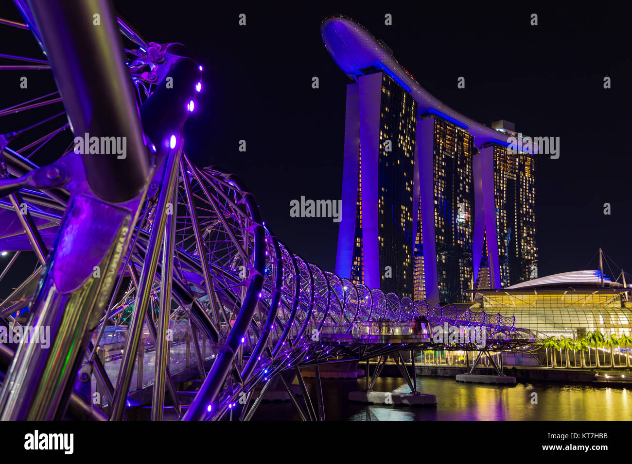 Singapore Asia October 28, 2017 Marina Bay Sands and the Helix Bridge at night Stock Photo