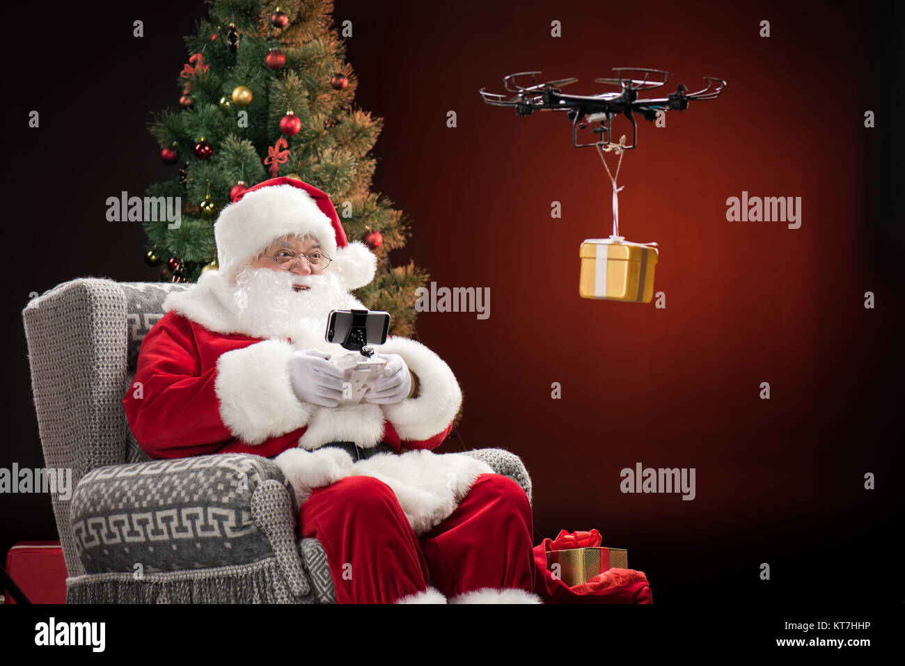 Santa Dron Santa Claus using drone Stock Photo - Alamy