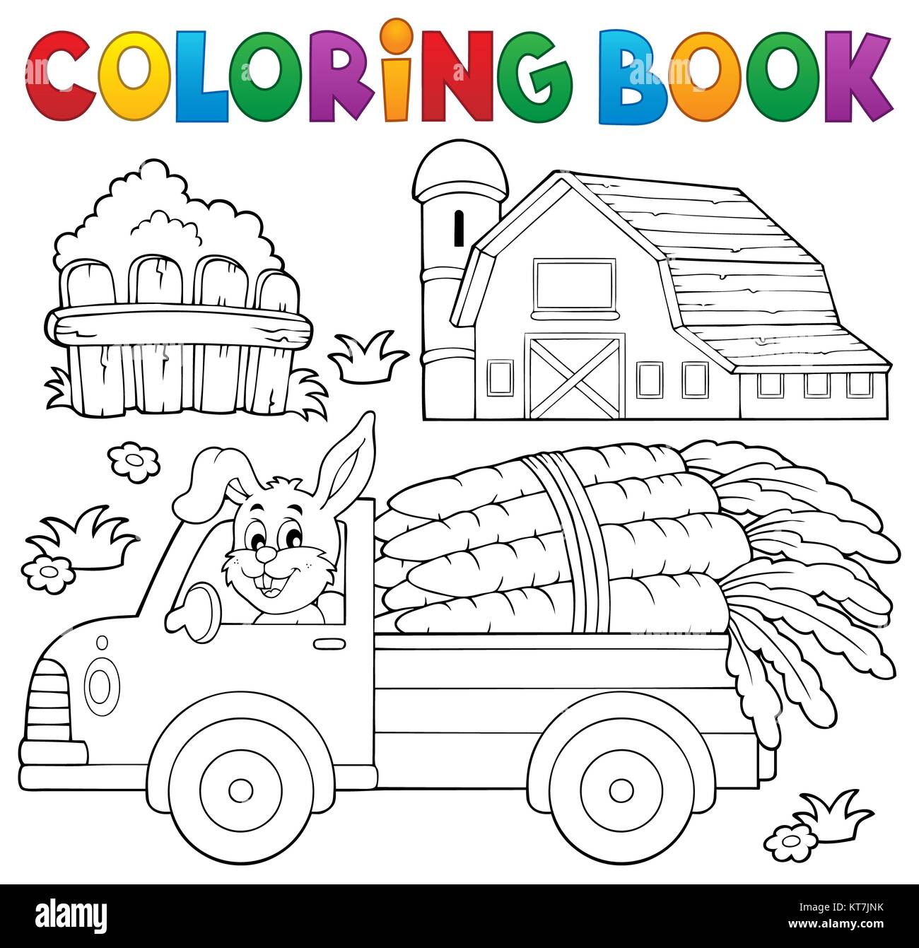 Coloring book farm truck with carrots Stock Photo