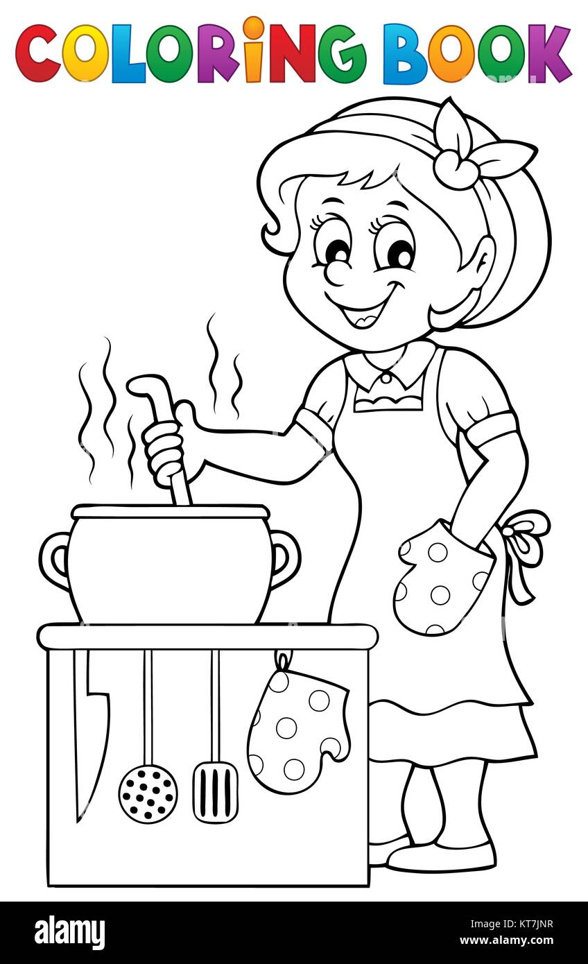 Coloring book happy female cook Stock Photo - Alamy