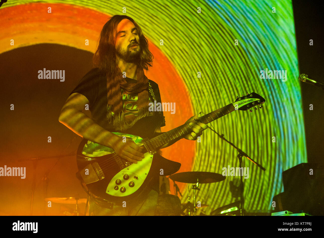 The Australian musical project Tame Impala performs a live concert at Sentrum Scene in Oslo. Here guitarist and musician Kevin Parker is seen live on stage. Norway, 04/02 2016. Stock Photo