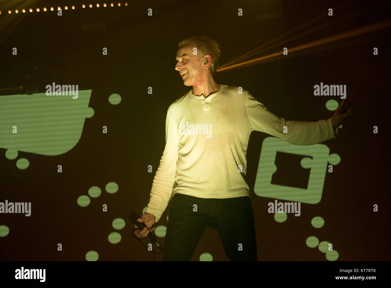 The British electronic music group Underworld performs a live concert at Alexandra Palace in