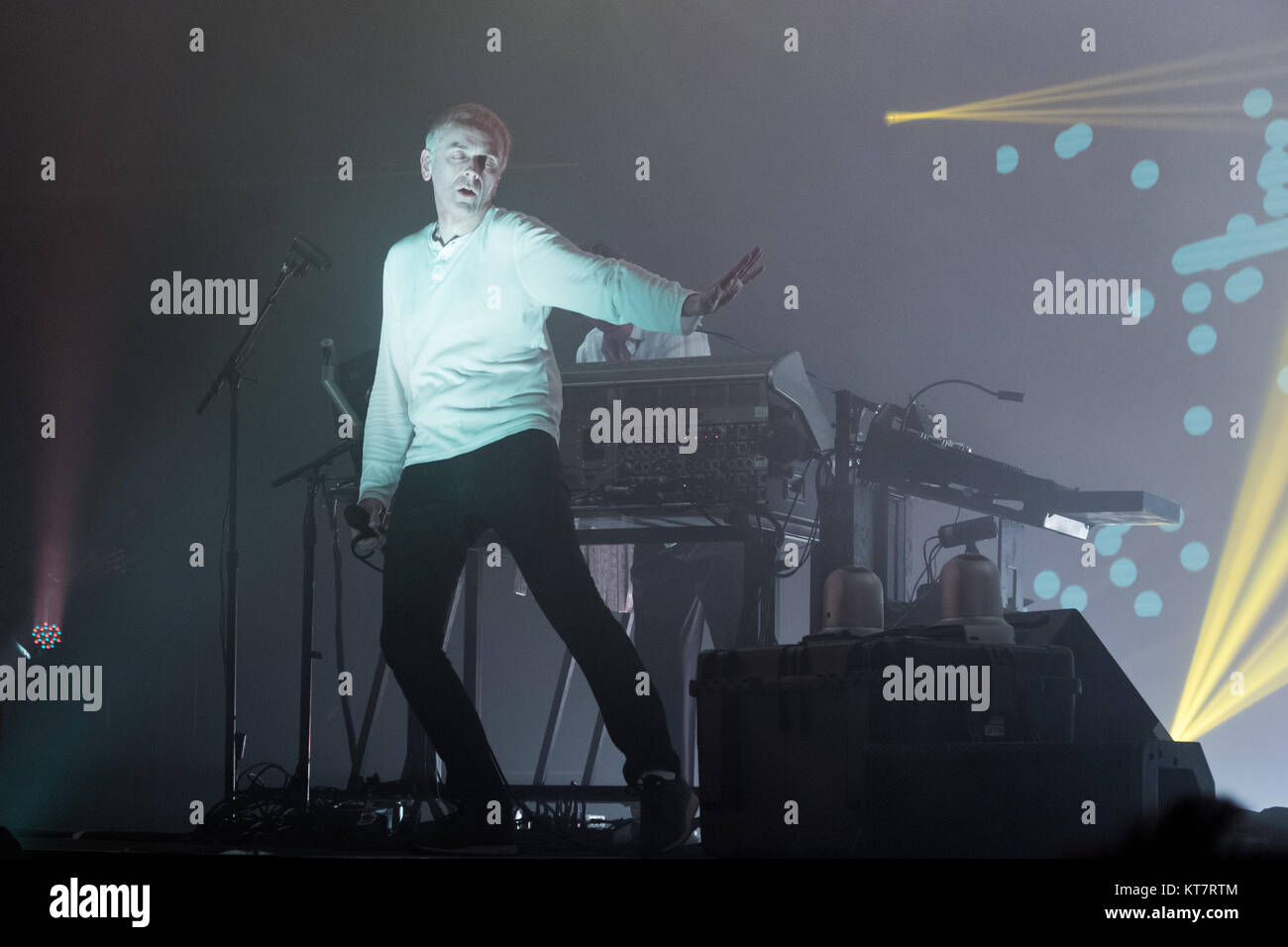 The British electronic music group Underworld performs a live concert at Alexandra Palace in