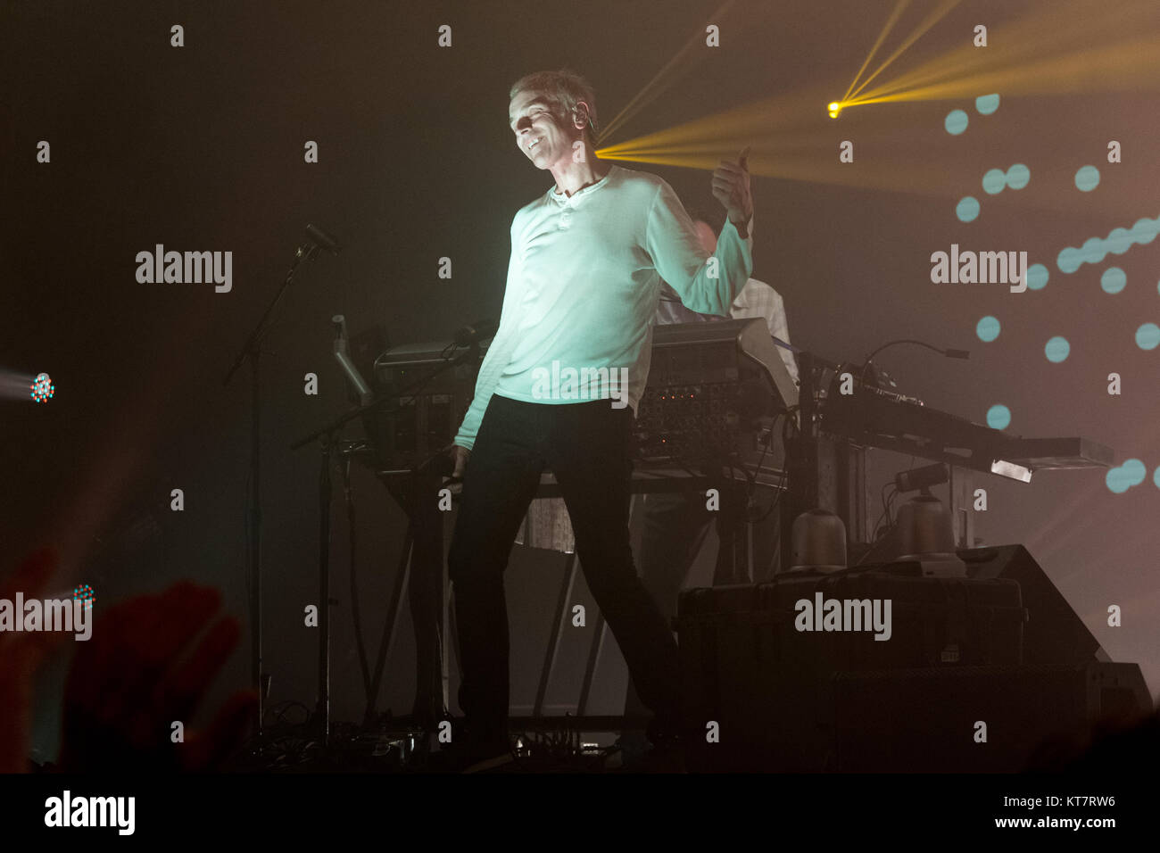 The British electronic music group Underworld performs a live concert at Alexandra Palace in