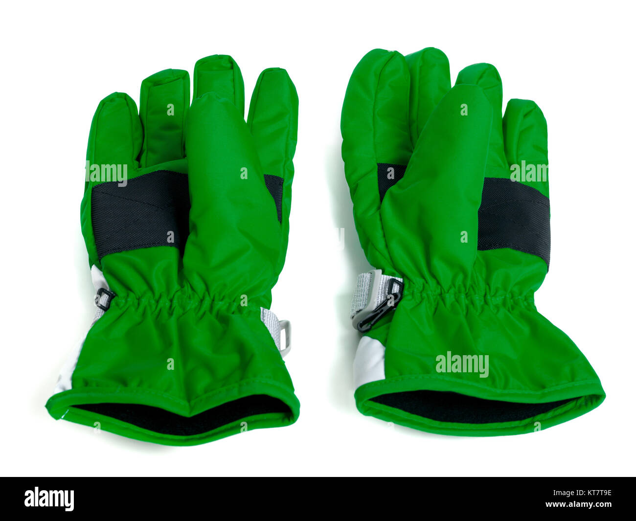 Pair of winter green ski gloves isolated on white background Stock