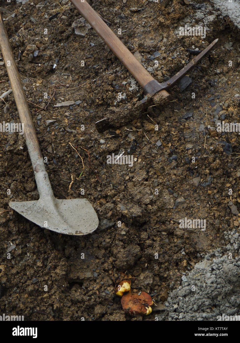 Closeup of a shovel digging into pile of building sand Stock Photo