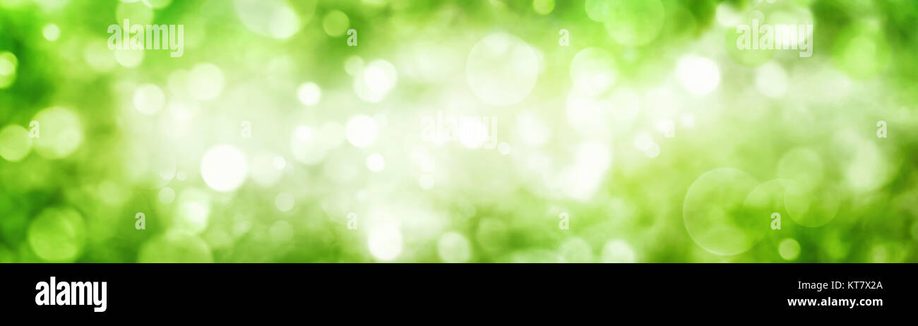Panoramic background of green foliage bokeh with beautiful shimmering highlights Stock Photo