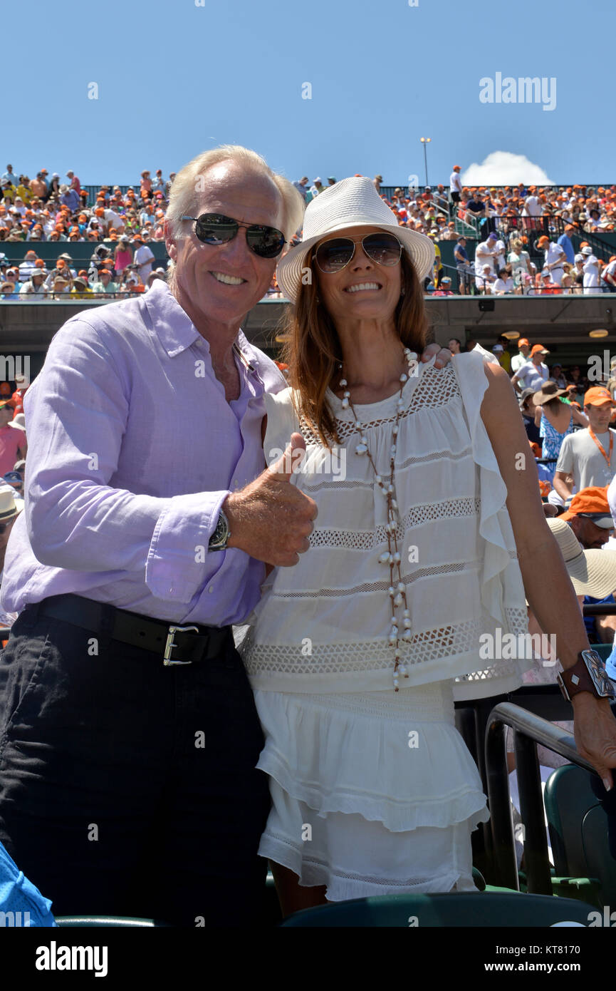 Key Biscayne Fl April 05 Golfer Greg Norman And Wife Kirsten Kutner Watch Novak Djokovic Of Serbia Defeat Andy Murray Of Great Britain In The Mens Final During The Miami Open