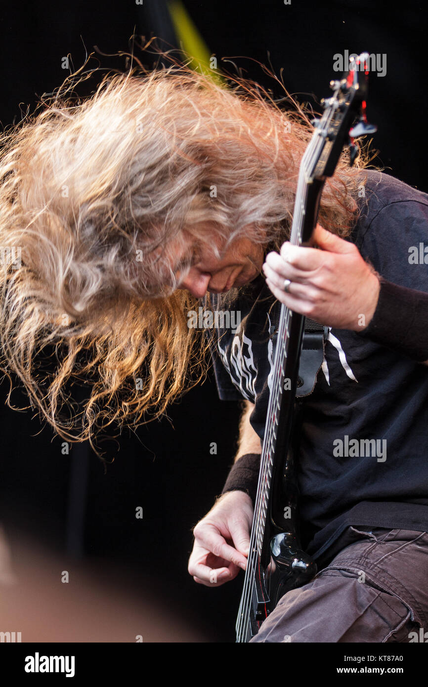 The American death metal band Cannibal Corpse performs a live concert at the Danish heavy metal festival Copenhell 2015 in Copenhagen. Here bass player Alex Webster is seen live on stage. Denmark, 18/06 2015. Stock Photo