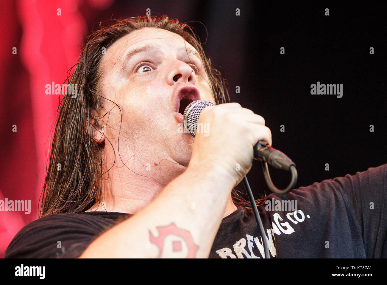 The American death metal band Cannibal Corpse performs a live concert at the Danish heavy metal festival Copenhell 2015 in Copenhagen. Here vocalist George Fisher, also known as  Corpsgrinder, is seen live on stage. Denmark, 18/06 2015. Stock Photo