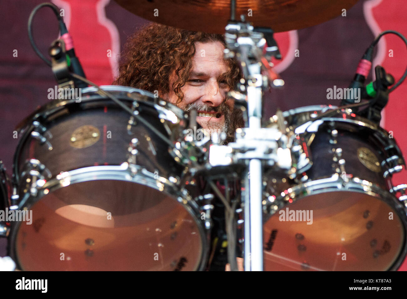 The American death metal band Cannibal Corpse performs a live concert at the Danish heavy metal festival Copenhell 2015 in Copenhagen. Here drummer Paul Mazurkiewicz is seen live on stage. Denmark, 18/06 2015. Stock Photo