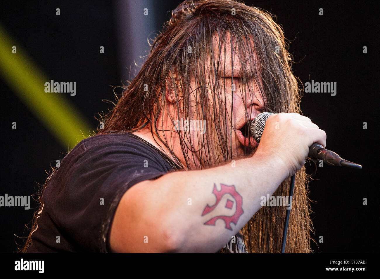 The American death metal band Cannibal Corpse performs a live concert at the Danish heavy metal festival Copenhell 2015 in Copenhagen. Here vocalist George Fisher, also known as  Corpsgrinder, is seen live on stage. Denmark, 18/06 2015. Stock Photo