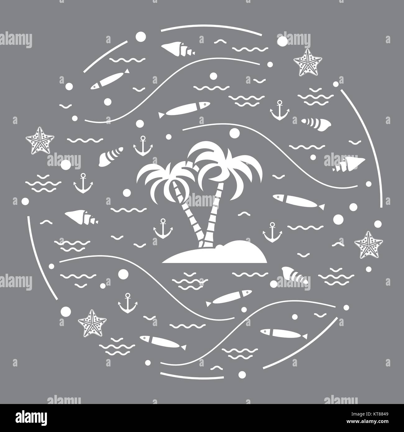 Cute vector illustration with fish, island with palm trees, anchor