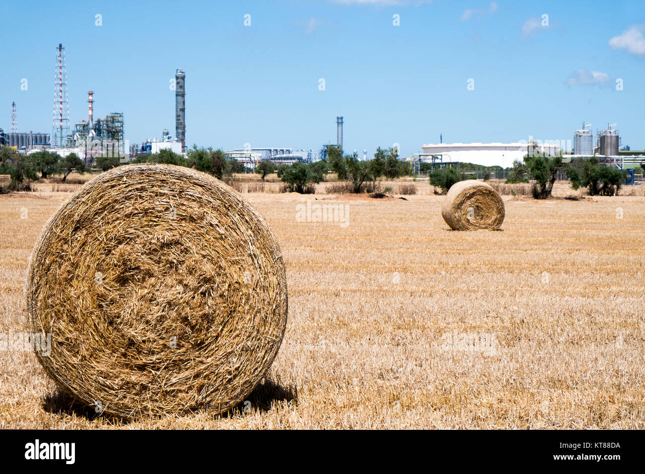 a view of a crop field in Spain, with some large round straw bales after harvesting, next to the facilities of an industry Stock Photo