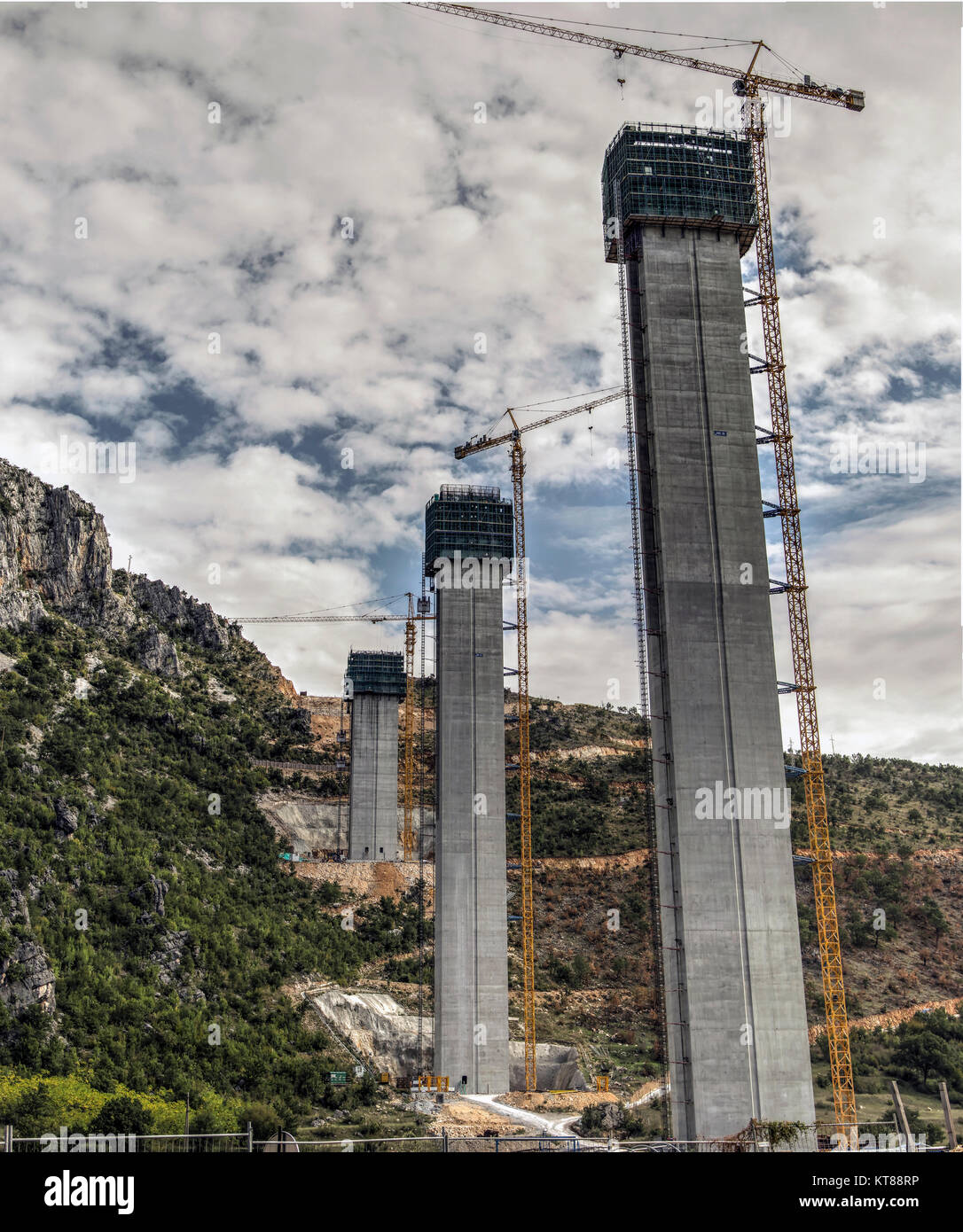 Montenegro, September 2017 - Construction of supporting concrete pillars for the future bridge on the Bar-Boljare highway Stock Photo