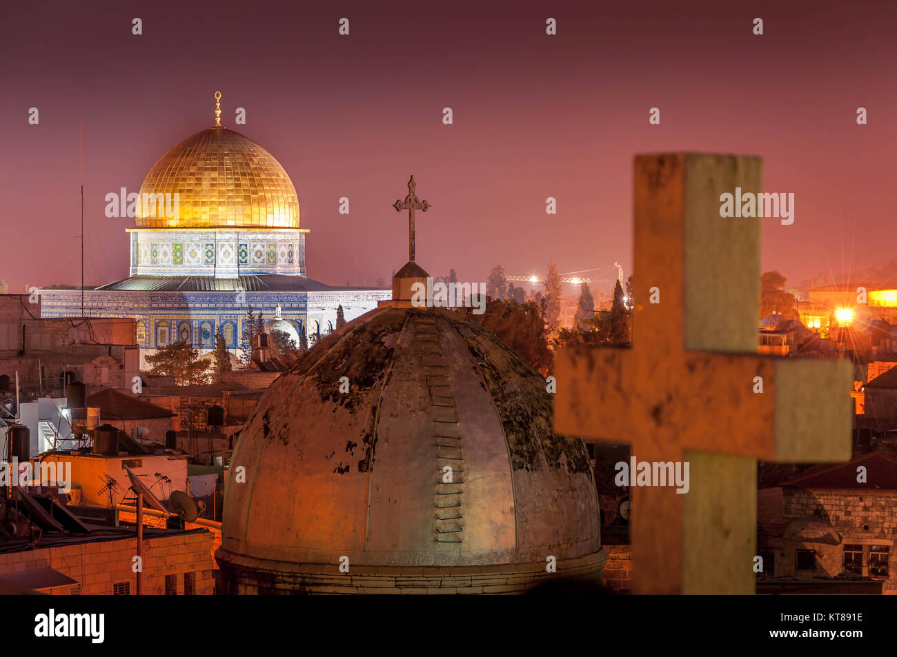 Jerusalem Old City and Temple Mount at Night with blood red sky Stock Photo