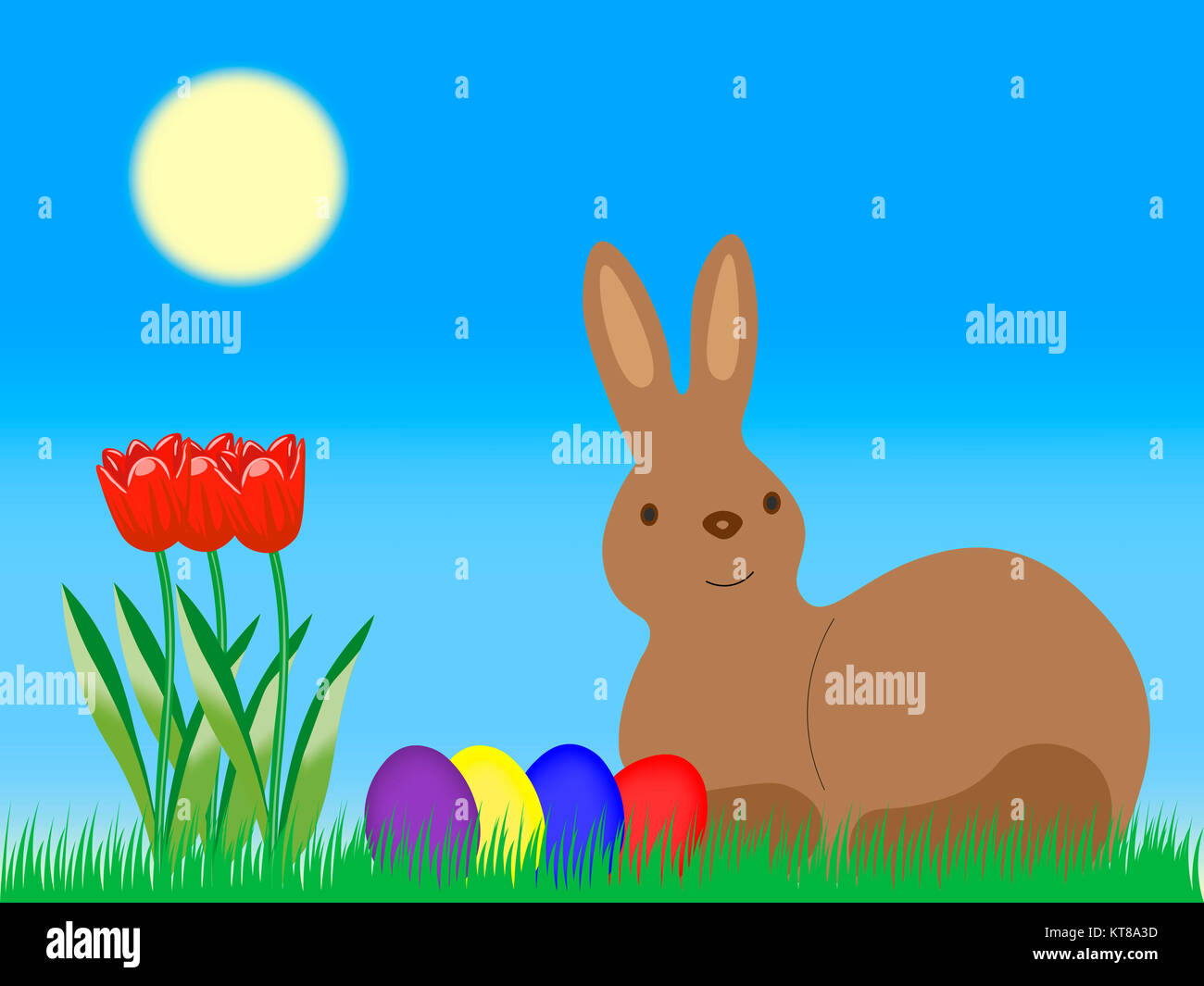 easter bunny with easter eggs and tulips on a lawn Stock Photo - Alamy